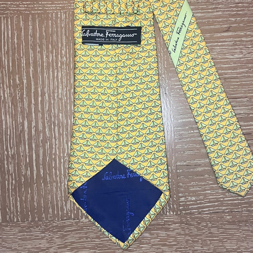 Salvatore Ferragamo Yellow 100% Silk Tie with Light Blue Sailboats